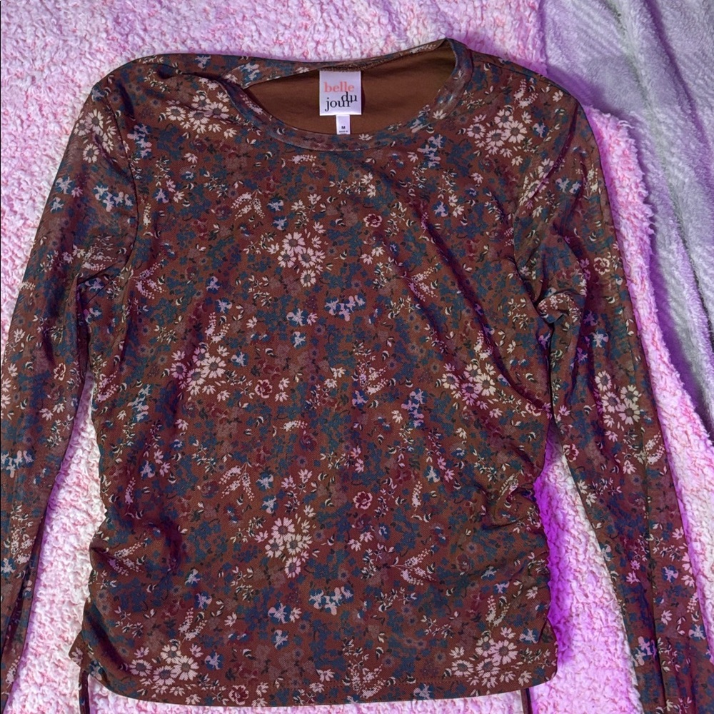 Belle Du Jour Brown and Blue Floral Top